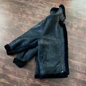 Black Leather Shearling Bomber Aviator Jacket
